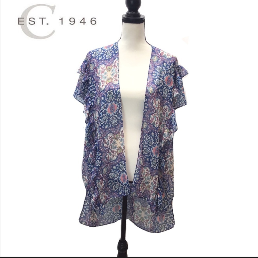NWOT Est. 1946 Blue Chiffon Short Sleeve Sheer Swimsuit Coverup Kimono One Size